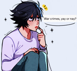 Rule 34 | 1boy, absurdres, artist name, black eyes, black hair, black nails, blue pants, chain, commentary, death note, english commentary, english text, highres, huyandere, l (death note), male focus, pants, shirt, signature, sitting, solo, sparkle, white shirt