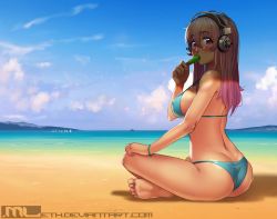 Rule 34 | 1girl, aqua bikini, ass, barefoot, beach, bikini, bird, boat, bracelet, breasts, butt crack, cloud, covered erect nipples, day, eating, feet, food, food in mouth, headphones, ice cream, indian style, jewelry, large breasts, long hair, looking at viewer, looking back, mleth, nitroplus, ocean, outdoors, pink eyes, pink hair, scenery, shade, shadow, shiny skin, sideboob, sitting, skindentation, soles, solo, strap gap, super sonico, sweat, swimsuit, toes, water, watercraft