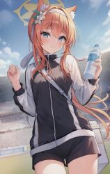 Rule 34 | 1girl, animal ear fluff, animal ears, bag, blue archive, blue eyes, blue sky, blush, bottle, closed mouth, commentary request, flower, gym shorts, gym uniform, hair flower, hair ornament, hairband, halo, highres, holding, holding bottle, jacket, kuro futoshi, long hair, looking at viewer, mari (blue archive), mari (track) (blue archive), multicolored clothes, multicolored jacket, official alternate costume, orange hair, outdoors, plastic bottle, ponytail, shorts, shoulder bag, sky, smile, solo, standing, track jacket, two-tone jacket, water bottle, white bag, white flower, white hairband