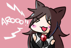 Rule 34 | &gt; &lt;, 1girl, :3, animal ears, bad id, bad pixiv id, barking, blush stickers, brooch, brown hair, chibi, closed eyes, dress, image sample, imaizumi kagerou, jewelry, long hair, lowres, open mouth, pink background, simple background, solo, thumbnail, tosuta, touhou, very long hair, wolf ears