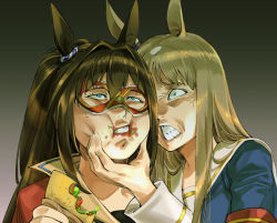 Rule 34 | 2girls, anger vein, angry, animal ears, armband, brown hair, clenched teeth, domino mask, ear ornament, eating, food, food on face, furious, high ponytail, highres, horse ears, horse girl, light brown hair, long hair, mask, multicolored hair, multiple girls, red armband, reference request, ruukii drift, sailor collar, sandwich, teeth, two-tone hair, umamusume, white hair