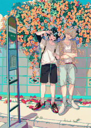 Rule 34 | 2boys, alternate costume, arm up, backpack, bag, bakugou katsuki, belt, belt buckle, black shorts, blonde hair, blue shorts, blue sky, blush, boku no hero academia, buckle, bus stop, bus stop sign, casual, cel shading, check flower, chromatic aberration, closed eyes, clothing request, collarbone, cross-laced footwear, crossed arms, dark green hair, day, dot nose, drawstring, eyebrows hidden by hair, film grain, flower, flower request, freckles, full body, grey socks, hair between eyes, hand up, hands up, head tilt, highres, holding strap, jacket, lapels, ligne claire, looking at viewer, male focus, midoriya izuku, morning glory, multicolored clothes, multicolored jacket, multiple boys, notched lapels, open clothes, open jacket, open mouth, orange flower, outdoors, paper, petals, pink belt, pink lips, print jacket, red eyes, red footwear, road sign, scar, scar on arm, scar on hand, shade, shading eyes, shadow, shirt, shirt partially tucked in, shoes, short hair, short sleeves, shorts, sidewalk, sign, sky, sneakers, socks, souko (floyd), spiked hair, standing, sweat, t-shirt, two-tone jacket, v-shaped eyebrows, white shirt