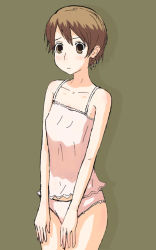 Rule 34 | 00s, 1girl, blush, breasts, brown eyes, brown hair, camisole, flat chest, fujioka haruhi, lace, lace-trimmed panties, lace trim, ouran high school host club, panties, pink panties, pomo rosso, short hair, simple background, small breasts, solo, standing, underwear