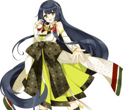 Rule 34 | 10s, 1girl, bare shoulders, black hair, bow, breasts, bridal gauntlets, detached sleeves, dress, female focus, green dress, grey eyes, hair ornament, hair tubes, hakama, hakama skirt, japanese clothes, kantai collection, kneehighs, large bow, large breasts, long hair, looking at viewer, malino (dream maker), mizuho (kancolle), obi, open mouth, reaching, reaching towards viewer, sash, simple background, skirt, smile, socks, solo, very long hair