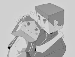Rule 34 | 1boy, 1girl, block head, blush stickers, bow, chipokan, couple, eye contact, eyebrows, greyscale, hair bow, hand on another&#039;s head, heart, hetero, hug, looking at another, monochrome, parted lips, school uniform, serafuku, simple background, smile, thick eyebrows