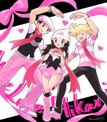 Rule 34 | 1girl, 2boys, barry (pokemon), beanie, beret, black hair, black pants, black socks, blonde hair, boots, creatures (company), dawn (pokemon), game freak, hat, heart, heart hands, highres, long hair, lucas (pokemon), miniskirt, multiple boys, nintendo, pants, pink footwear, pink pants, pink shirt, pink skirt, pink theme, pokemon, pokemon dppt, sawarabi (sawarabi725), shirt, skirt, socks, standing, standing on one leg, striped clothes, striped shirt