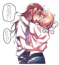 Rule 34 | 2girls, bang dream!, blue eyes, blue shirt, closed eyes, from side, hand under clothes, hand under shirt, long hair, multiple girls, open mouth, pants, pink hair, pink shirt, re ghotion, red hair, shirt, short sleeves, simple background, sweat, translation request, twintails, udagawa tomoe, uehara himari, white background, yuri