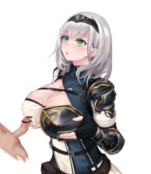 Rule 34 | 1boy, 1girl, :o, after paizuri, armor, armored dress, bad id, bad pixiv id, bar censor, belt, belt pouch, black gloves, blush, braid, breasts, brown belt, censored, chest guard, cleavage, cleavage cutout, clothing cutout, collared dress, commentary request, covered erect nipples, cum, cum on body, cum on breasts, cum on upper body, dress, fingerless gloves, french braid, gloves, green eyes, hetero, highres, hololive, huge breasts, large breasts, looking up, medium hair, mole, mole on breast, paizuri, paizuri under clothes, pauldrons, penis, pouch, shirogane noel, shirogane noel (1st costume), shoulder armor, simple background, single pauldron, solo focus, upper body, virtual youtuber, wavy hair, white background, white hair, yeklsa