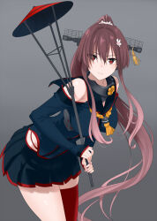 Rule 34 | 1girl, alternate color, breasts, brown hair, closed mouth, flower, fugu custom, grey background, hair between eyes, hair flower, hair ornament, headgear, highres, holding, kantai collection, large breasts, leaning forward, long hair, long sleeves, looking at viewer, multicolored hair, oil-paper umbrella, pleated skirt, ponytail, red eyes, red thighhighs, sidelocks, simple background, single thighhigh, skirt, solo, tassel, thighhighs, umbrella, very long hair, yamato (kancolle)