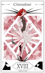 Rule 34 | 10s, 1other, 2015, androgynous, black footwear, black necktie, black shorts, border, character name, cinnabar (houseki no kuni), closed mouth, cojima, collared shirt, cross-laced footwear, dated, eyelashes, floating hair, frown, full body, gem (symbol), hair between eyes, houseki no kuni, liquid, long hair, long legs, looking at viewer, nail polish, necktie, puffy short sleeves, puffy sleeves, red hair, red nails, roman numeral, shirt, shoes, short sleeves, shorts, solo, standing, standing on one leg, uniform, white shirt
