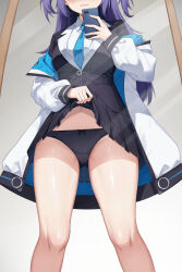 Rule 34 | 1girl, 3:, black jacket, black panties, black skirt, blazer, blue archive, blue necktie, cellphone, clothes lift, coat, collared shirt, commentary request, head out of frame, highres, holding, holding phone, indoors, jacket, lifting own clothes, long hair, long sleeves, looking at viewer, mirror, mirror image, necktie, open clothes, open coat, panties, phone, pleated skirt, purple hair, school uniform, selfie, shirt, sidelocks, simple background, skirt, skirt lift, smartphone, solo, taking picture, thick thighs, thighs, two side up, underwear, white coat, white shirt, yuuka (blue archive), zhong zi sheliu