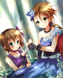 Rule 34 | 2girls, black gloves, blue dress, blue flower, breasts, brown hair, bug, butterfly, butterfly on hand, cleavage, closed mouth, collarbone, corset, dress, fingerless gloves, flower, gloves, green eyes, hair between eyes, hair flower, hair ornament, idolmaster, idolmaster cinderella girls, index finger raised, insect, jewelry, kimura natsuki, medium breasts, multiple girls, necklace, purple dress, rocomani, short hair, sitting, sleeveless, sleeveless dress, smile, spiked hair, tada riina, white flower