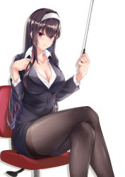 Rule 34 | 1girl, absurdres, black jacket, black pantyhose, blush, breasts, business suit, buttons, chair, cleavage, closed mouth, collarbone, collared shirt, commentary request, crossed legs, dress shirt, formal, gradient hair, hair between eyes, hair intakes, hairband, hands up, highres, holding, jacket, kasumigaoka utaha, large breasts, legs, long hair, long sleeves, looking at viewer, miniskirt, multicolored hair, no bra, office chair, office lady, pantyhose, pencil skirt, purple hair, rebutsu, riding crop, saenai heroine no sodatekata, shirt, sidelocks, skirt, skirt suit, smile, solo, suit, swivel chair, thighband pantyhose, white hairband, white shirt, wing collar