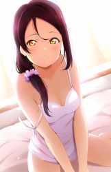 Rule 34 | 1girl, bed, bed sheet, bedroom, blush, breasts, camisole, cleavage, curtains, highres, indoors, long hair, looking at viewer, love live!, love live! sunshine!!, medium breasts, on bed, pillow, ponytail, purple hair, reno 0901, sakurauchi riko, sitting, skirt, smile, solo, underwear, window, yellow eyes