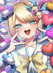 Rule 34 | 1girl, :d, blonde hair, blue bow, blue eyes, blue hair, blue nails, blue shirt, blush, bow, chouzetsusaikawa tenshi-chan, commentary request, double v, glitch, hair bow, hair ornament, heart, heart hair ornament, highres, long hair, long sleeves, looking at viewer, multicolored hair, multicolored nails, nail polish, needy girl overdose, open mouth, pill, pink bow, pink hair, purple bow, quad tails, sailor collar, shiromoru (yozakura rety), shirt, smile, solo, teeth, twintails, upper body, upper teeth only, v, yellow bow, yellow nails