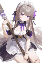 Rule 34 | 1girl, ai-assisted, apron, broom, brown hair, chain, closed mouth, doll joints, flower, hair flower, hair ornament, herta (honkai: star rail), highres, holding, holding broom, honkai: star rail, honkai (series), joints, long hair, looking at viewer, maid, maid apron, maid headdress, poki (j0ch3fvj6nd), purple eyes, purple flower, simple background, sitting, solo
