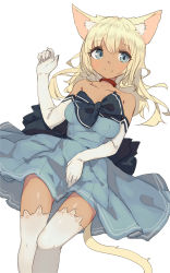 Rule 34 | 1girl, animal ear fluff, animal ears, bare shoulders, blonde hair, blue dress, blue eyes, blush, breasts, cat ears, cat tail, choker, dark-skinned female, dark skin, dress, elbow gloves, gloves, highres, long hair, looking at viewer, lying, medium breasts, original, shone, simple background, sketch, smile, solo, strapless, strapless dress, tail, thighhighs, white background, white gloves, white thighhighs, zettai ryouiki