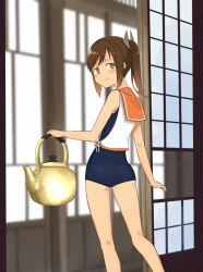 Rule 34 | 1girl, annin musou, bad id, bad twitter id, blouse, blue one-piece swimsuit, brown eyes, brown hair, commentary request, hair ornament, highres, i-401 (kancolle), indoors, kantai collection, kettle, long hair, one-piece swimsuit, ponytail, sailor collar, school swimsuit, shirt, shouji, sidelocks, sleeveless, sleeveless shirt, sliding doors, smile, solo, swimsuit, swimsuit under clothes, white shirt