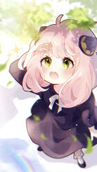 Rule 34 | 1girl, ahoge, anya (spy x family), black dress, black footwear, blurry, bow, cone hair bun, dress, falling leaves, green eyes, hair bun, hair over shoulder, hairpods, hand on own head, highres, kise inaka, leaf, light blush, long sleeves, looking up, medium hair, open mouth, outdoors, pink hair, puddle, rainbow, sparks, spy x family, teeth, tree, tree shade, upper teeth only, white background, white bow