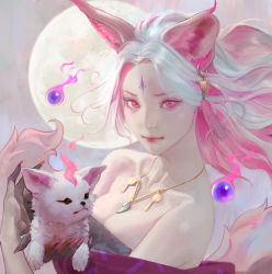 Rule 34 | 1girl, absurdres, animal ears, bare shoulders, closed mouth, creature, facial mark, forehead mark, highres, jewelry, looking at viewer, nail polish, necklace, original, pink eyes, pink nails, sangsoo jeong, solo, tassel, upper body, white hair