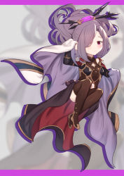 1girl, bangs, black gloves, blush, boots, breasts, brown footwear, brown legwear, brown leotard, cape, closed mouth, clothing cutout, colored shadow, commentary, drop shadow, elbow gloves, gloves, granblue fantasy, hair over one eye, hand up, harvin, highres, leotard, long hair, looking at viewer, navel, navel cutout, nio (granblue fantasy), purple hair, red eyes, revision, shadow, small breasts, smile, solo, thigh boots, thighhighs, uneg, white cape, zoom layer