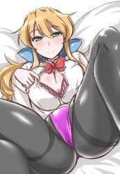 Rule 34 | 1girl, black pantyhose, blue bow, blush, bow, bra, breasts, cleavage, cleavage reach, commentary request, hair bow, highres, large breasts, long hair, looking at viewer, open clothes, open shirt, original, panties, panties over pantyhose, pantyhose, pillow, pink bra, pink panties, sekitaku, shirt, smile, solo, thighband pantyhose, underwear, uniform