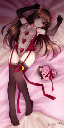 Rule 34 | 10s, 1girl, armpits, artist name, bad id, bad pixiv id, bare shoulders, blush, box, breasts, brown gloves, brown hair, brown thighhighs, chocolate, crescent, crescent pin, elbow gloves, empty eyes, garter belt, garter straps, gift, gift box, gloves, hair ornament, heart, highres, kantai collection, kisaragi (kancolle), leotard, long hair, looking at viewer, lying, omoomomo, on back, purple eyes, ribbon, shaded face, small breasts, smile, solo, thighhighs, valentine, yandere