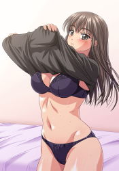 Rule 34 | 1girl, bed, black bra, black panties, black shirt, bow, bow panties, bra, breasts, brown eyes, brown hair, closed mouth, clothes lift, commentary request, cowboy shot, crotch seam, indoors, jiyuuyuu, lace, lace-trimmed bra, lace trim, long hair, looking at viewer, medium breasts, navel, no pants, original, panties, shirt, shirt lift, smile, solo, standing, sweat, underwear, undressing