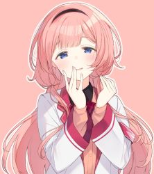Rule 34 | 1girl, blush, bow, bowtie, commentary request, hair between eyes, hairband, hand to own mouth, highres, jacket, long hair, long sleeves, looking at viewer, nekoume, nijisanji, open clothes, open jacket, open mouth, pink background, pink hair, purple eyes, revision, school uniform, simple background, smile, solo, suo sango, upper body, very long hair, virtual youtuber, white jacket