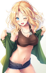Rule 34 | 1girl, ;d, absurdres, akashio (loli ace), bare shoulders, blonde hair, blue eyes, blue shorts, breasts, brown shirt, brown skirt, cleavage, collarbone, cowboy shot, crop top, cutoffs, denim, denim shorts, dog tags, fang, fur trim, girls und panzer, green jacket, highres, jacket, kay (girls und panzer), large breasts, long hair, long sleeves, looking at viewer, micro shorts, midriff, navel, off shoulder, one eye closed, open clothes, open fly, open jacket, open mouth, shirt, shorts, simple background, skirt, sleeveless, sleeveless shirt, smile, solo, sports bra, standing, stomach, sweat, taut clothes, taut shirt, thighs, white background