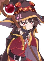 Rule 34 | 1girl, anger vein, black gloves, blush, brown hair, cape, fingerless gloves, gloves, hat, holding, holding staff, ixy, kono subarashii sekai ni shukufuku wo!, looking at viewer, megumin, pout, red eyes, short hair, simple background, solo, staff, tears, white background, witch hat