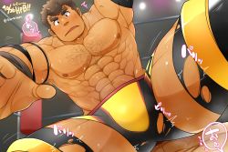 Rule 34 | 2boys, absurdres, alternate costume, bar censor, bara, blush, brown eyes, brown hair, bulge, bulge to ass, censored, chest hair, facial hair, feet out of frame, hairy, happy birthday, highres, imminent anal, imminent penetration, takabushi kengo, kontahsm, long sideburns, male focus, multiple boys, muscular, on person, pectorals, pov, short hair, shorts, sideburns, sitting, sitting on person, smile, spread legs, stubble, sweat, thick eyebrows, thick thighs, thighs, tokyo houkago summoners, torn clothes, torn shorts, wrestling, wrestling outfit, wrestling ring, yaoi