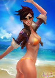 Rule 34 | 1girl, arm up, artist name, ass, beach, bikini, bikini under clothes, blue sky, bomber jacket, breasts, brown eyes, brown hair, brown jacket, cloud, cloudy sky, collarbone, day, ear piercing, freckles, glasses, highres, jacket, light rays, lips, lipstick, makeup, md5 mismatch, medium breasts, ocean, orange bikini, outdoors, overwatch, overwatch 1, piercing, short hair, sky, sleeves rolled up, smile, solo, spiked hair, sunglasses, swimsuit, thong bikini, tracer (overwatch), union jack, water, waves