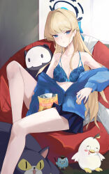 Rule 34 | 1girl, absurdres, alternate costume, blonde hair, blue archive, blue bra, blue eyes, blue hair, blue jacket, blue skirt, blunt bangs, blush, bra, braid, breasts, closed mouth, commentary request, french braid, hair intakes, halo, highres, indoors, jacket, jacket partially removed, knee up, long hair, looking at viewer, multicolored hair, ni de pengyou, peroro (blue archive), sitting, skirt, small breasts, solo, streaked hair, stuffed animal, stuffed toy, thighs, toki (blue archive), underwear