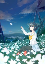 Rule 34 | 1girl, :o, black hair, black pantyhose, blouse, blue skirt, blue sky, blurry, boots, bow, cloud, cloudy sky, depth of field, evening, field, flower, flower field, from side, hair between eyes, hair ornament, hairclip, hand on lap, highres, kafuka, kavka, knee boots, knees together feet apart, long sleeves, looking afar, meadow, on ground, open mouth, original, outdoors, outstretched arm, pantyhose, petals, pleated skirt, purple eyes, radio tower, red footwear, school uniform, serafuku, shirt, short hair, sitting, skirt, sky, solo, twilight, white flower, white shirt