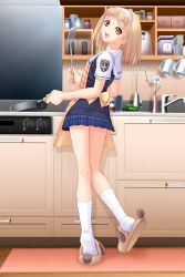 Rule 34 | 00s, 1girl, :d, after (game), after sweet kiss, apron, bell pepper, blonde hair, bottle, bow, brown eyes, cooking, cup, cupboard, faucet, feet, female focus, flower, from behind, frying pan, full body, game cg, hairband, highres, holding, indoors, kitchen, kneehighs, kneepits, legs, long image, long legs, looking at viewer, looking back, miniskirt, mug, open mouth, pepper, plaid, plaid apron, plaid skirt, pleated skirt, scale, school uniform, serafuku, shadow, shirt, short sleeves, skirt, slippers, smile, socks, solo, spatula, standing, takawashi nagisa, tall image, thighs, tony taka, white socks