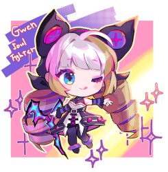Rule 34 | 1girl, :q, animal ears, bare shoulders, black dress, blush, blush stickers, brown hair, cat ears, character name, chibi, detached sleeves, dress, drill hair, fake animal ears, grey hair, gwen (league of legends), highres, holding, holding scissors, league of legends, low twintails, multicolored background, one eye closed, scissors, smile, solo, soul fighter gwen, striped sleeves, tongue, tongue out, twin drills, twintails, white dress, yuhiko (unayuhi)