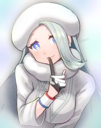 Rule 34 | 1girl, artist name, black gloves, blue background, blue eyes, breasts, bright pupils, closed mouth, creatures (company), dynamax band, earrings, eyes visible through hair, finger to mouth, fur hat, game freak, gloves, green background, green hair, gym leader, hair over one eye, hat, head tilt, highres, index finger raised, jewelry, large breasts, lips, long hair, long sleeves, looking at viewer, melony (pokemon), nintendo, partially fingerless gloves, pokemon, pokemon swsh, scarf, shushing, smile, solo, sweater, thick eyebrows, totennko, upper body, white background, white gloves, white hat, white pupils, white scarf, white sweater