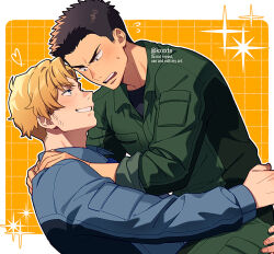 Rule 34 | 2boys, ao isami, black hair, blonde hair, blush, carrying, carrying person, couple, eye contact, facial hair, grin, heart, jumpsuit, kiri futoshi, lewis smith, looking at another, male focus, multiple boys, shy, sideburns stubble, smile, sparkle background, stubble, sweatdrop, thick eyebrows, yaoi, yuuki bakuhatsu bang bravern