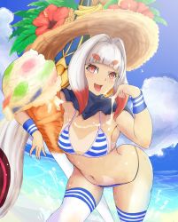 Rule 34 | 1girl, beach, bikini, breasts, character request, cloud, hair intakes, highres, kaburagi (pino), long hair, looking at viewer, lord of vermilion, open mouth, oversized food, oversized object, smile, solo, striped bikini, striped clothes, swimsuit, thighhighs