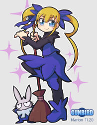 Rule 34 | 1girl, absurdres, black pantyhose, blue dress, blue footwear, blue ribbon, broom, character name, closed mouth, copyright name, dated, dot nose, dress, full body, gunbird, hair between eyes, hair ribbon, highres, leg up, long hair, long sleeves, looking at viewer, marion, outline, pantyhose, pomupomu, rabbit, ribbon, seseringo, sidelocks, smile, solo, sparkle, split mouth, standing, standing on one leg, twintails, white outline