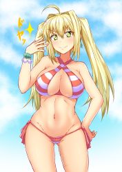 Rule 34 | 1girl, absurdres, bikini, blonde hair, bracelet, breasts, cleavage, closed mouth, cowboy shot, criss-cross halter, earrings, fate/grand order, fate (series), green eyes, hair between eyes, hair intakes, halterneck, hand on own hip, highres, jewelry, kirino kyousuke, large breasts, long hair, looking at viewer, navel, nero claudius (fate), nero claudius (fate) (all), nero claudius (swimsuit caster) (fate), red bikini, side-tie bikini bottom, sidelocks, smile, solo, sparkle, striped bikini, striped clothes, swimsuit, thighs, twintails, white bikini