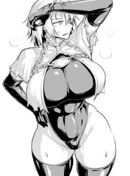 Rule 34 | 1girl, breasts, chain, elbow gloves, fate/grand order, fate (series), gloves, greyscale, hand on forehead, hand on own face, hand on own hip, highres, jeanne d&#039;arc (fate), jeanne d&#039;arc alter (fate), large breasts, leotard, monochrome, nia (0122), short hair, skin tight, solo, sweat, thighhighs, upper body, white background