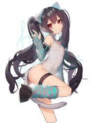 Rule 34 | 1girl, animal ears, aqua nails, ass, black footwear, black hair, breasts, cat ears, cat girl, cat tail, commentary request, fake animal ears, fingernails, grey leotard, grin, hand up, head tilt, highres, leotard, long hair, looking at viewer, looking to the side, miebao, nail polish, original, red eyes, shoes, sidelocks, small breasts, smile, socks, solo, standing, standing on one leg, striped clothes, striped legwear, striped socks, tail, thigh strap, twintails, very long hair, white background