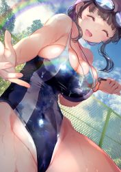 Rule 34 | 1girl, absurdres, blue one-piece swimsuit, blue sky, blush, breasts, brown eyes, brown hair, cameltoe, cleft of venus, closed eyes, cloud, competition swimsuit, day, goggles, goggles on head, groin, highres, large breasts, mole, mole under eye, ogata tei, one-piece swimsuit, one eye closed, open mouth, original, outdoors, rainbow, sky, smile, swimsuit, thighs, water, wet, wet clothes, wet swimsuit