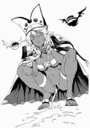 Rule 34 | 1girl, barefoot, belt bra, blush, breasts, cape, censored, dark-skinned female, dark skin, erect sawaru, feet, guilty gear, guilty gear xrd, hair between eyes, hat, highres, looking at viewer, medium breasts, monochrome, navel, open mouth, peeing, pussy, ramlethal valentine, solo, squatting, stomach, sweat, sweatdrop, thigh strap, tiptoes, white cape