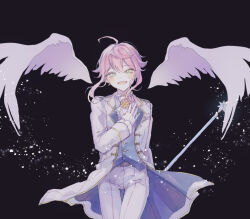 Rule 34 | 163yunatsu, 1boy, ahoge, androgynous, angel wings, ascot, black background, blue vest, ensemble stars!, feathered wings, green eyes, hand on own chest, himemiya tori, holding, holding wand, jacket, male focus, open mouth, pants, pink hair, short hair, smile, solo, vest, wand, white ascot, white jacket, white pants, white wings, wings
