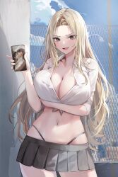Rule 34 | 1girl, absurdres, black skirt, blonde hair, breast hold, breasts, brown eyes, chain-link fence, cleavage, collared shirt, cowboy shot, crop top, day, fence, forehead, front-tie top, hand up, highleg, highres, holding, holding phone, large breasts, lillly, long hair, looking at viewer, midriff, miniskirt, navel, no bra, open mouth, original, outdoors, panty straps, parted bangs, phone, pleated skirt, shirt, short sleeves, skindentation, skirt, smile, solo, stomach, v-shaped eyebrows, very long hair, white shirt