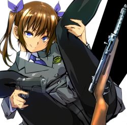 Rule 34 | 1girl, black pantyhose, blue eyes, blue neckwear, breasts, brown hair, brown haired girl (yuya), buttoned cuffs, buttons, closed mouth, commentary request, crotch seam, grey jacket, grey skirt, gun, gusset, hair ribbon, handgun, jacket, kamisimo 90, legs, legs up, long hair, looking at viewer, machine pistol, medium breasts, mp28, original, panties, panties under pantyhose, pantyhose, pistol, pleated skirt, ribbon, rifle, school uniform, shirt, short hair, short twintails, sitting, skirt, smile, solo, spread legs, submachine gun, tongue, tongue out, twintails, underwear, weapon, white shirt