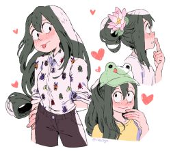 Rule 34 | 10s, 1girl, alternate hair length, alternate hairstyle, animal hat, asui tsuyu, baseball cap, black hair, blush, boku no hero academia, breasts, casual, collage, commentary, constricted pupils, fashion, flower, frog girl, frog hat, hair bun, hair flower, hair ornament, hat, heart, insect print, long hair, low-tied long hair, multiple views, print shirt, rii abrego, shirt, simple background, single hair bun, sleeves pushed up, small breasts, tongue, tongue out, twitter username, white background